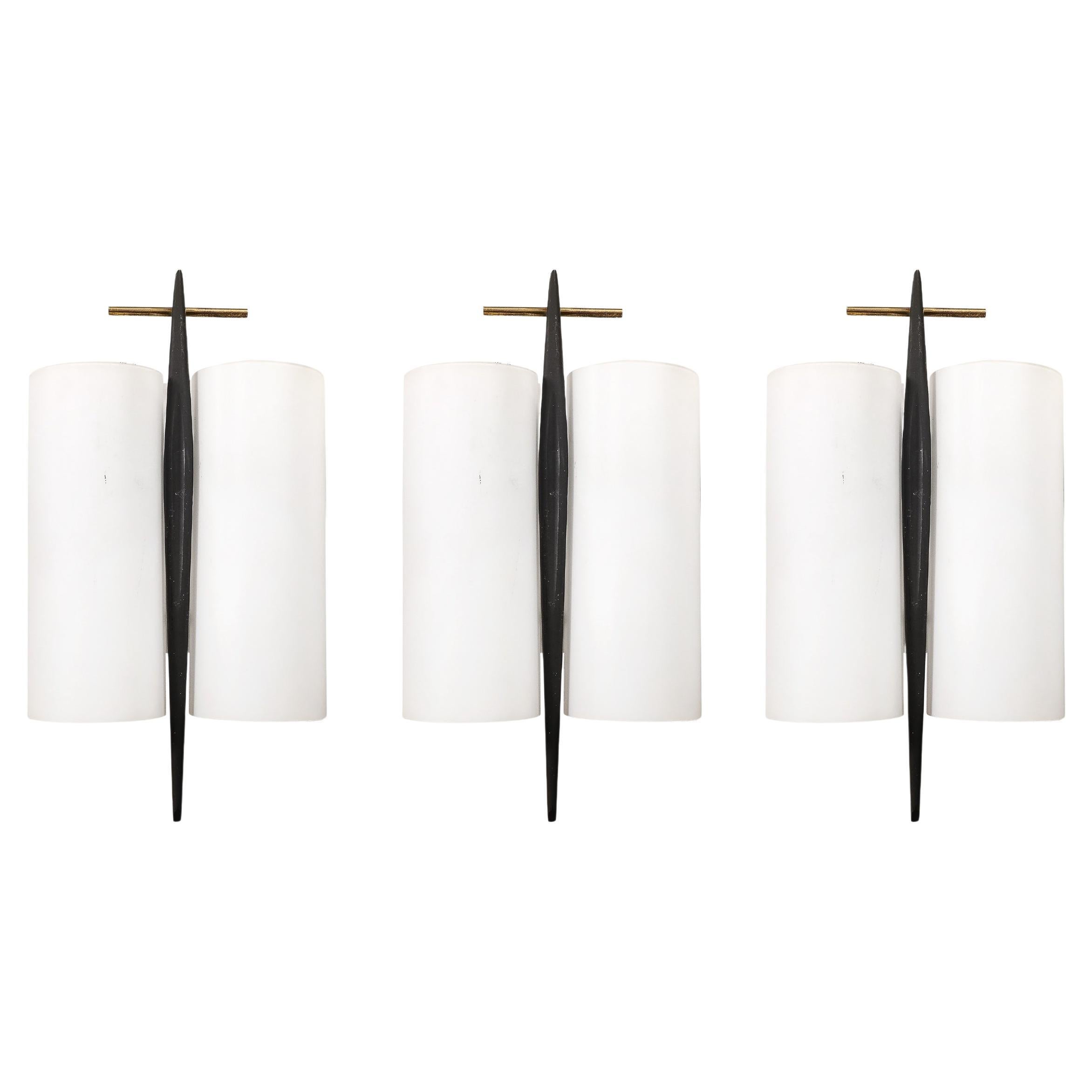 Set of 3 Mid-Century Frosted Glass, Brass & Black Enamel Sconces by Maison Arlus For Sale