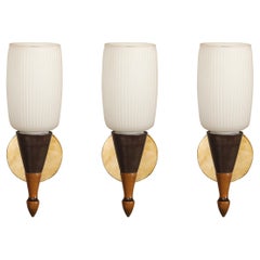 Vintage Set of 3 Mid-Century Frosted Glass, Burnt Umber Enamel, Walnut 
Brass Sconces