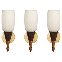 Set of 3 Mid-Century Frosted Glass, Burnt Umber Enamel, Walnut & Brass Sconces