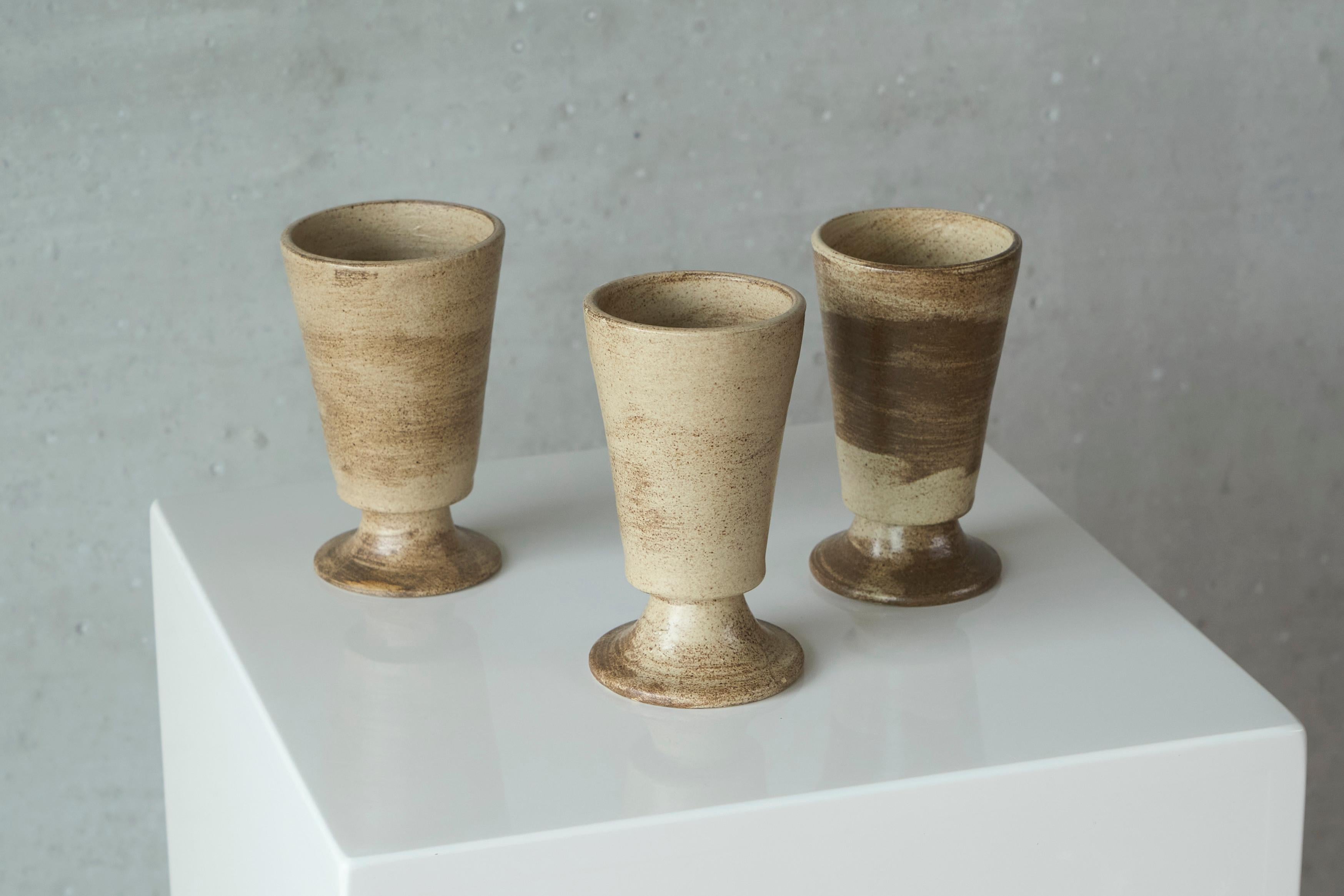French Set of 3 Mid Century Grès Pottery Goblets 1960s For Sale