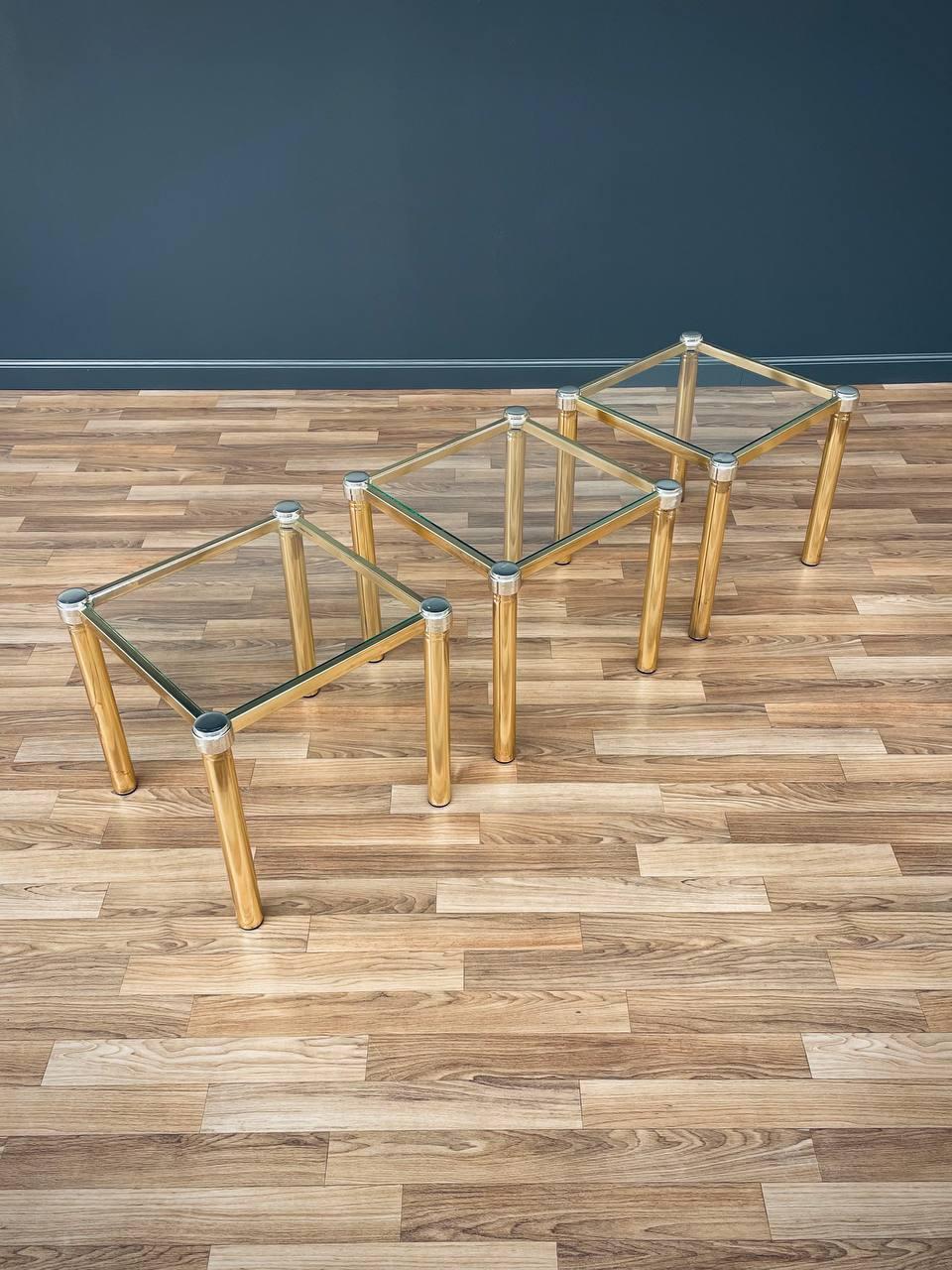 Original Vintage Condition, Brass Show Patina from Age & Use

Materials: Patinated Brass, Original Glass Tops


