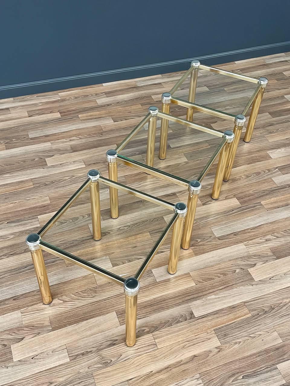 Set of 3 Mid-Century Hollywood Regency Brass Side Tables In Good Condition In Los Angeles, CA