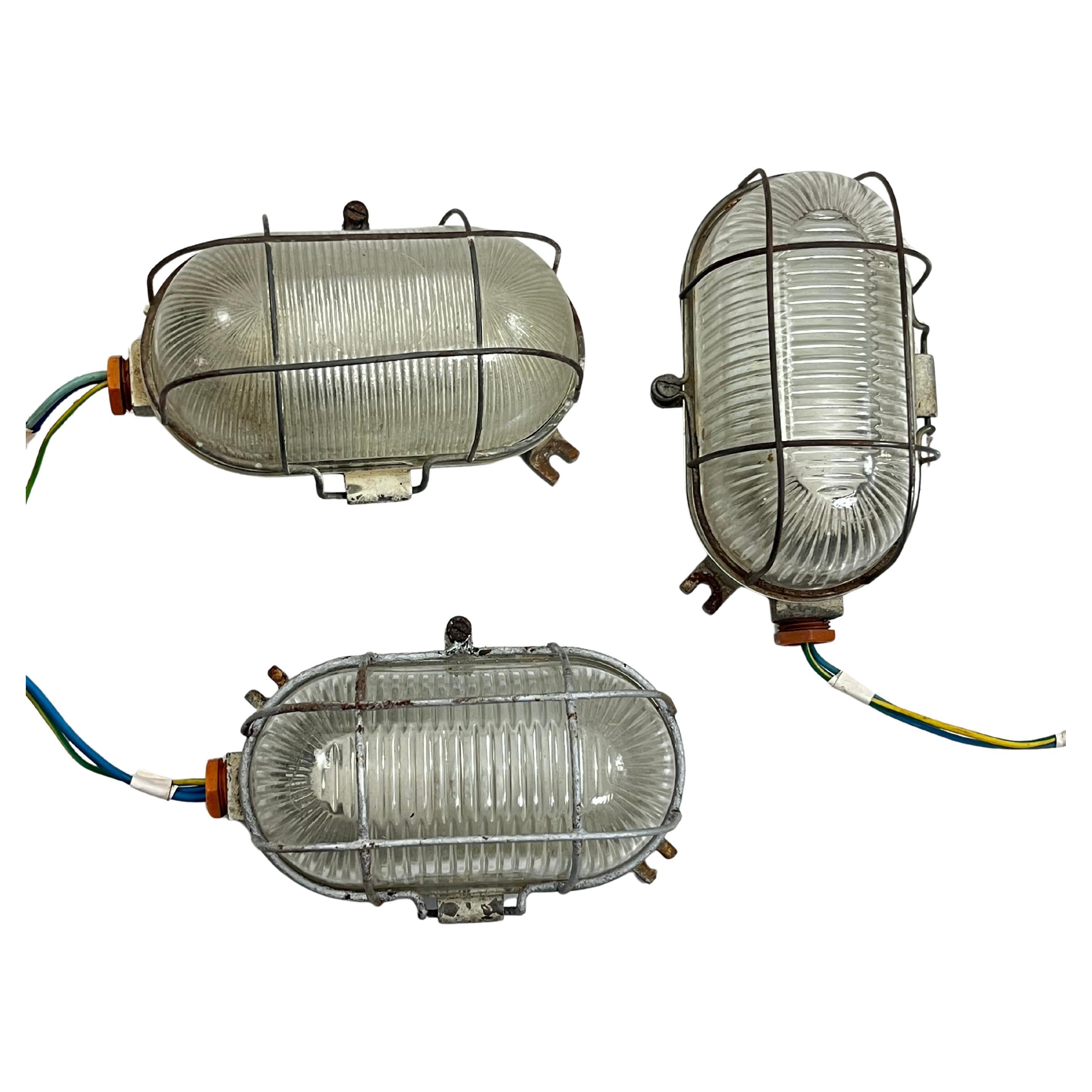 Set of 3 Mid-Century Industrial Cast Iron and Glass Wall Lamps, 1950s