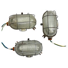 Set of 3 Mid-Century Industrial Cast Iron and Glass Wall Lamps, 1950s