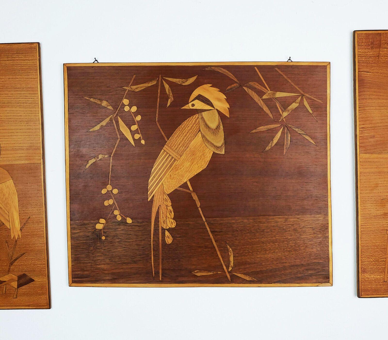 Mid-Century Modern set of 3 mid century INTARSIA PICTURES birds 1950s 1960s For Sale