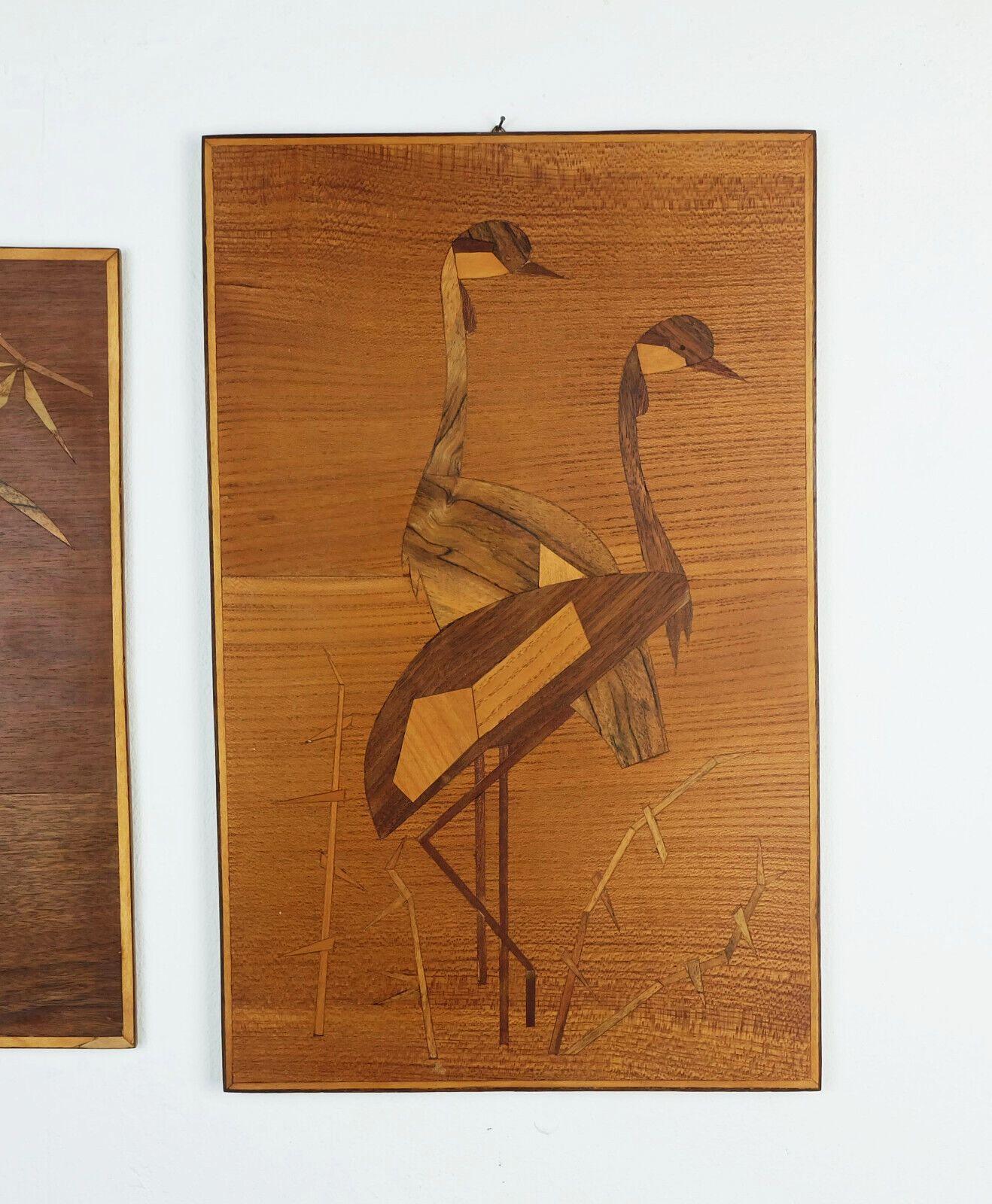 set of 3 mid century INTARSIA PICTURES birds 1950s 1960s In Good Condition For Sale In Mannheim, DE