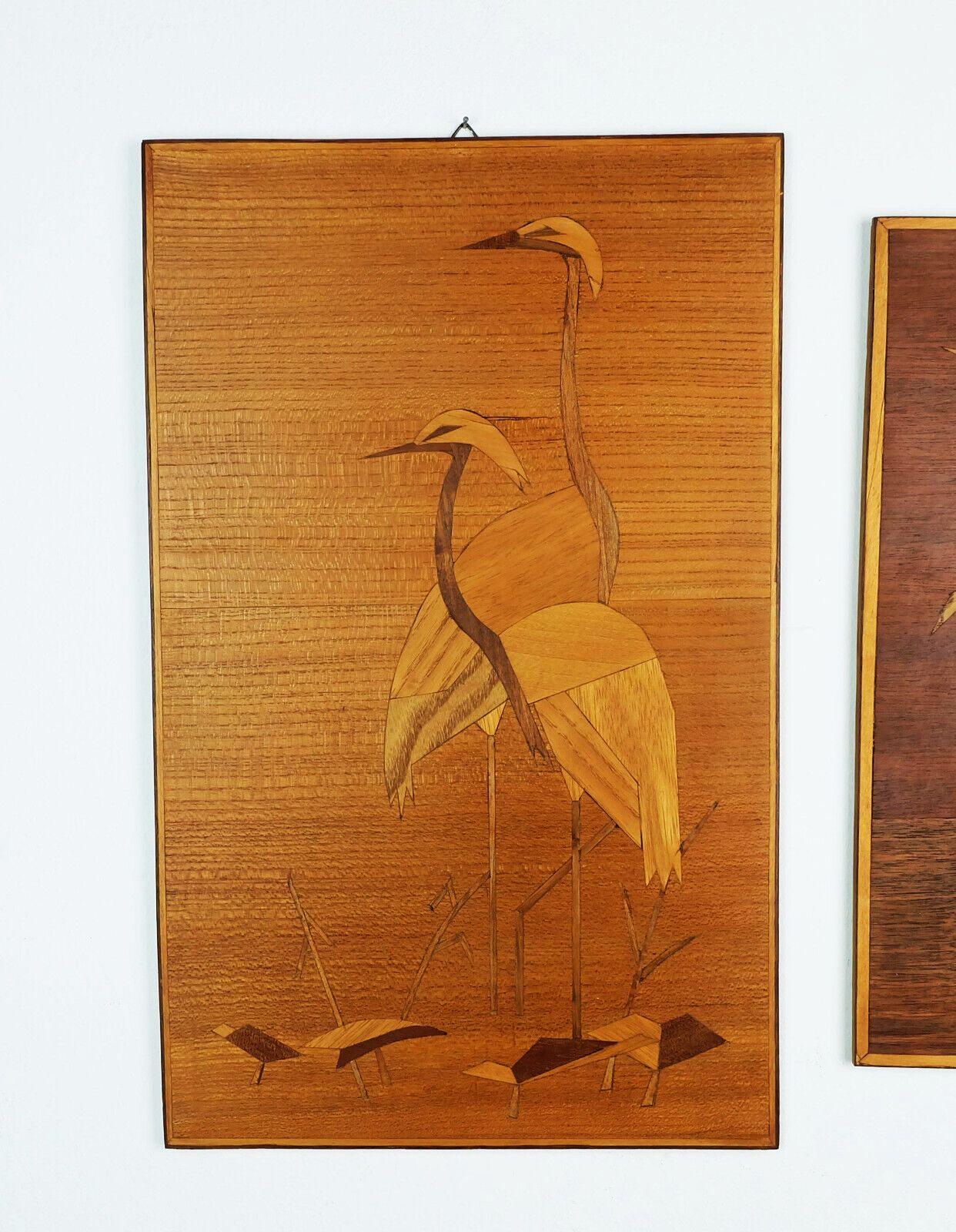 Satz von 3 INTARSIA-BILDERN aus der Mitte des Jahrhunderts Vögel 1950er 1960er Jahre (Holz) im Angebot