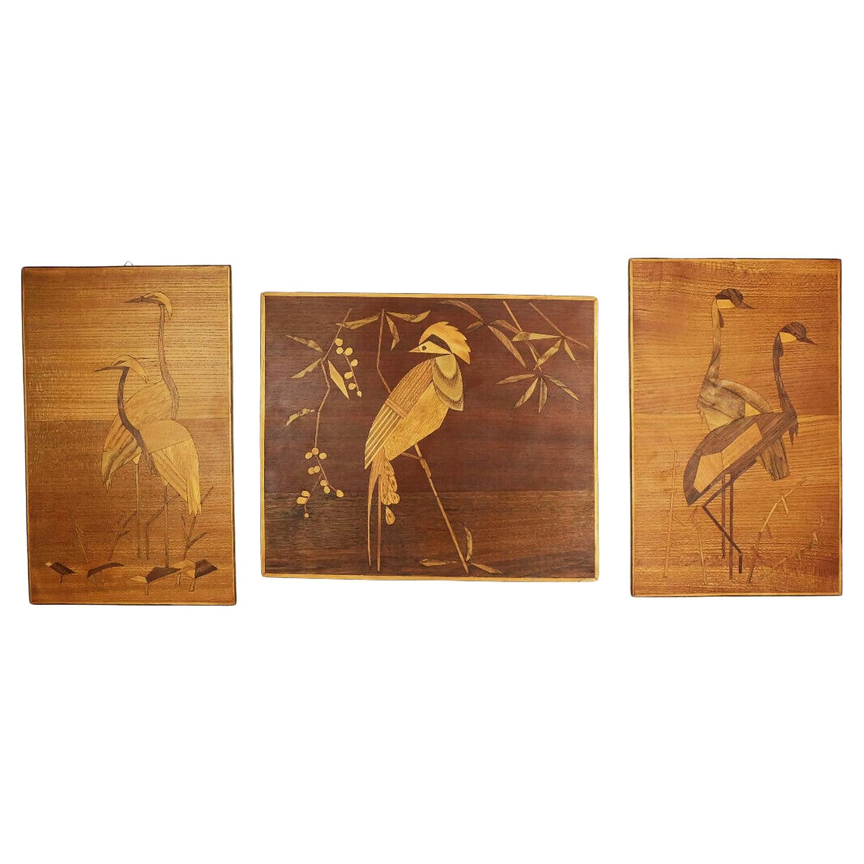 set of 3 mid century INTARSIA PICTURES birds 1950s 1960s