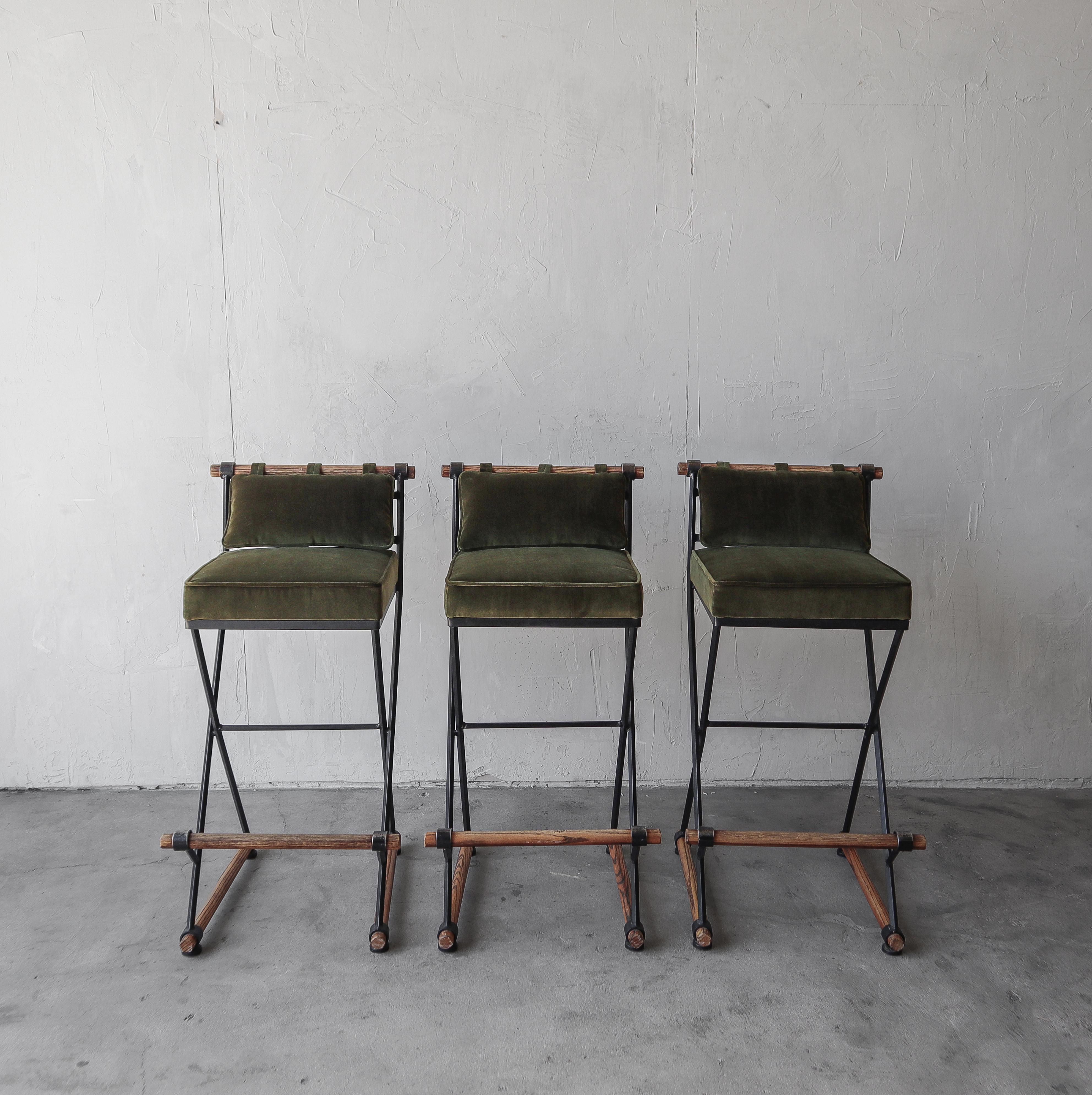 Set of 3 Midcentury Iron and Oak Barstools by Cleo Baldon In Good Condition In Las Vegas, NV