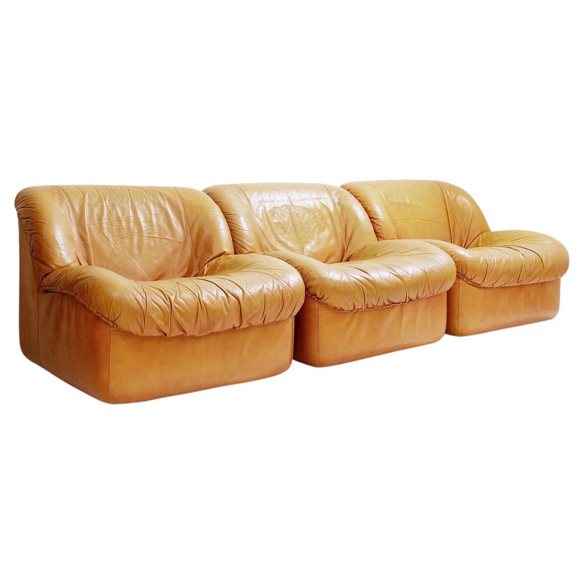 Set of 3 Mid Century Italian Moroso Armchairs in Cognac Leather