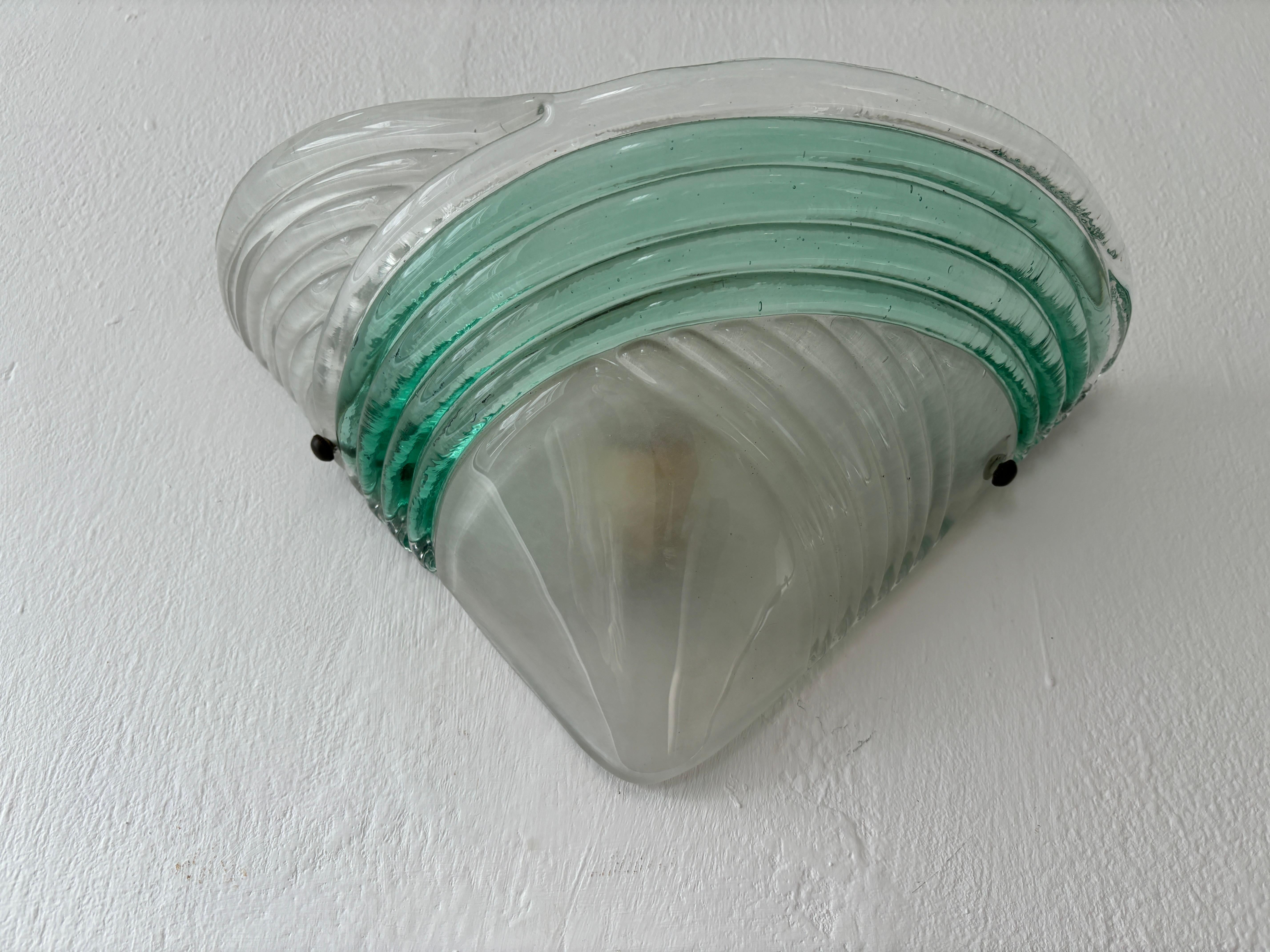 Mid-Century Modern Set of 3 Mid Century Italian Murano Glass Venini Style Green and Clear Sconces For Sale
