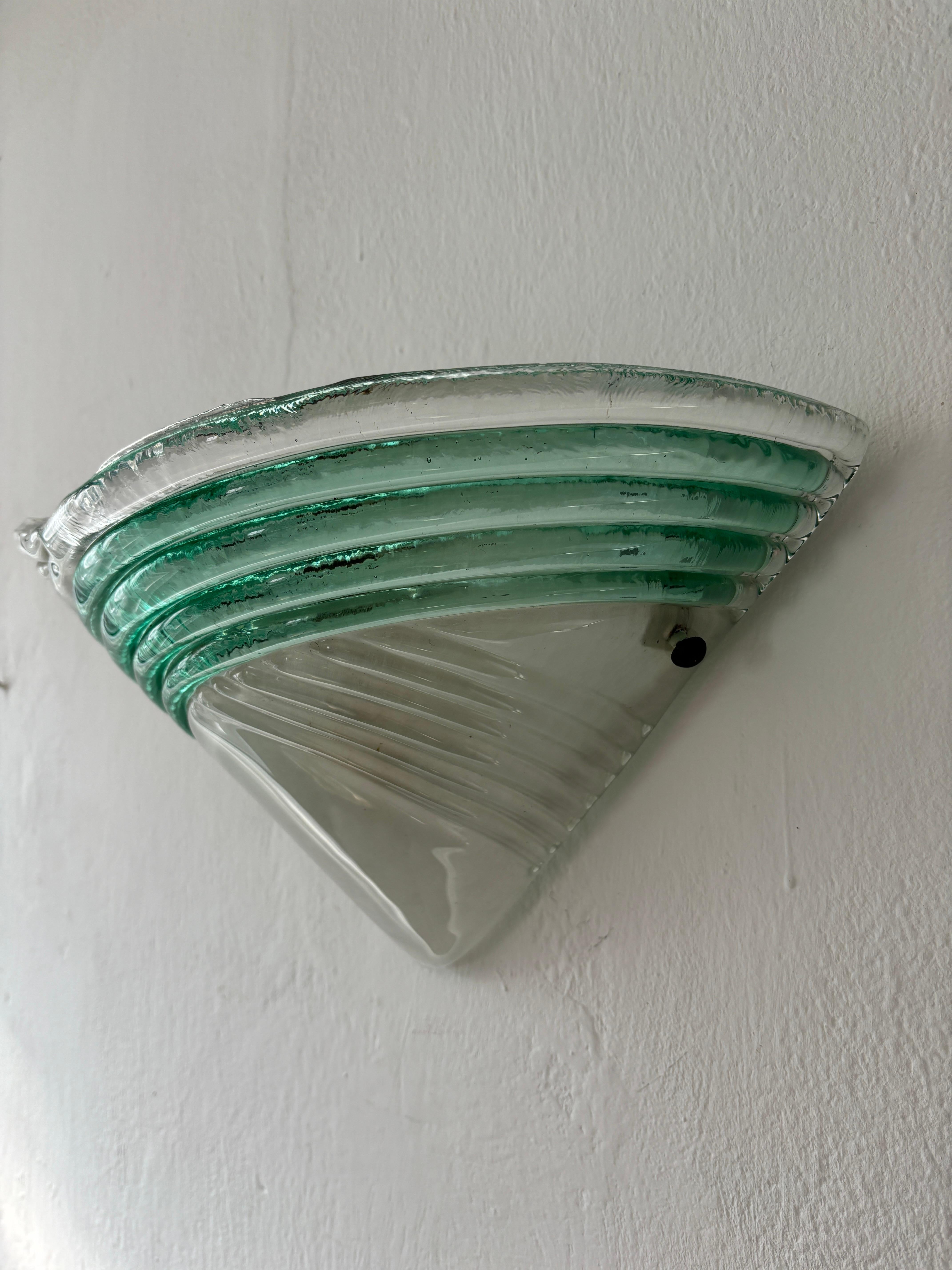 Set of 3 Mid Century Italian Murano Glass Venini Style Green and Clear Sconces In Good Condition For Sale In Firenze, Toscana