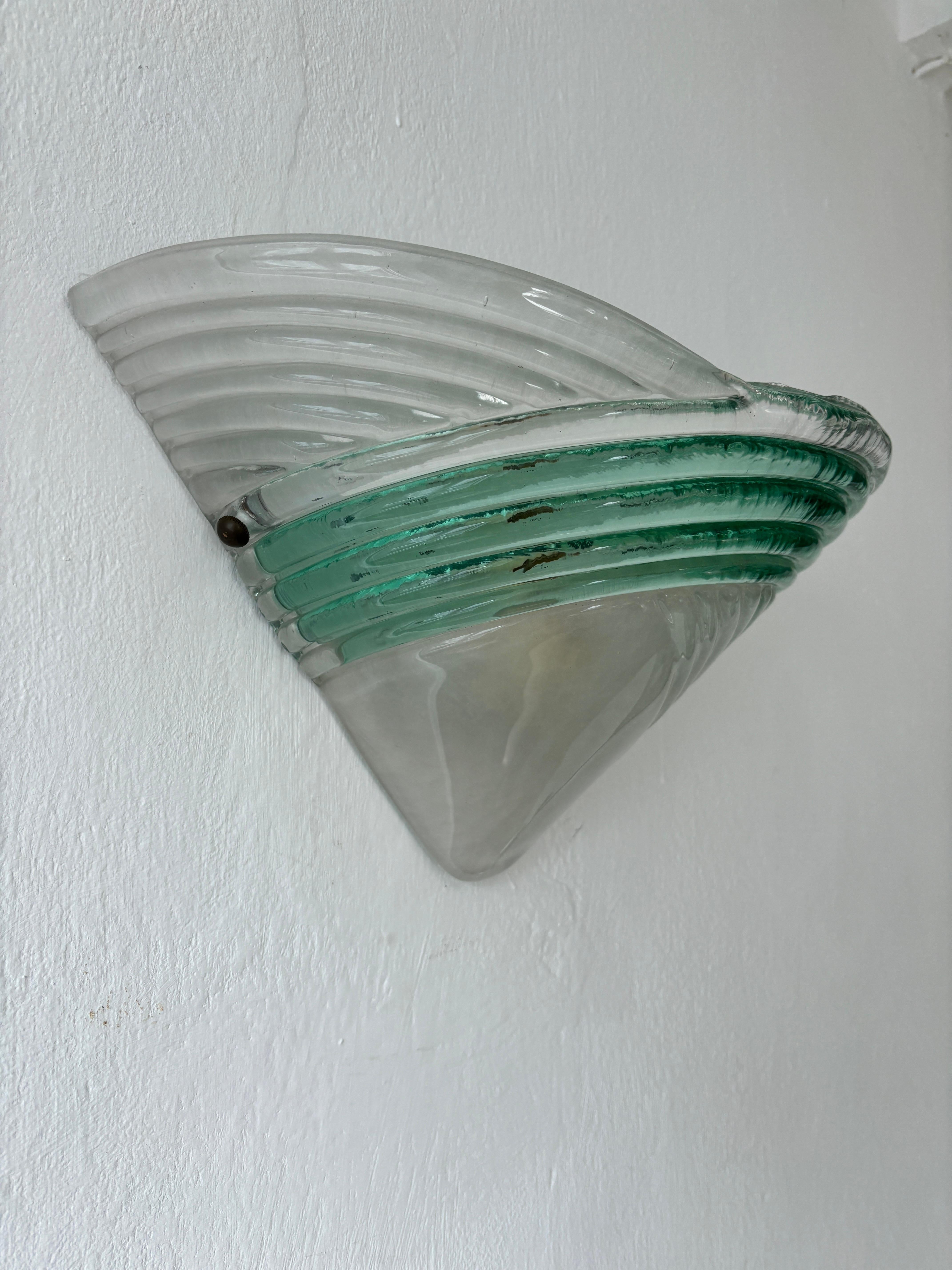 Mid-20th Century Set of 3 Mid Century Italian Murano Glass Venini Style Green and Clear Sconces For Sale