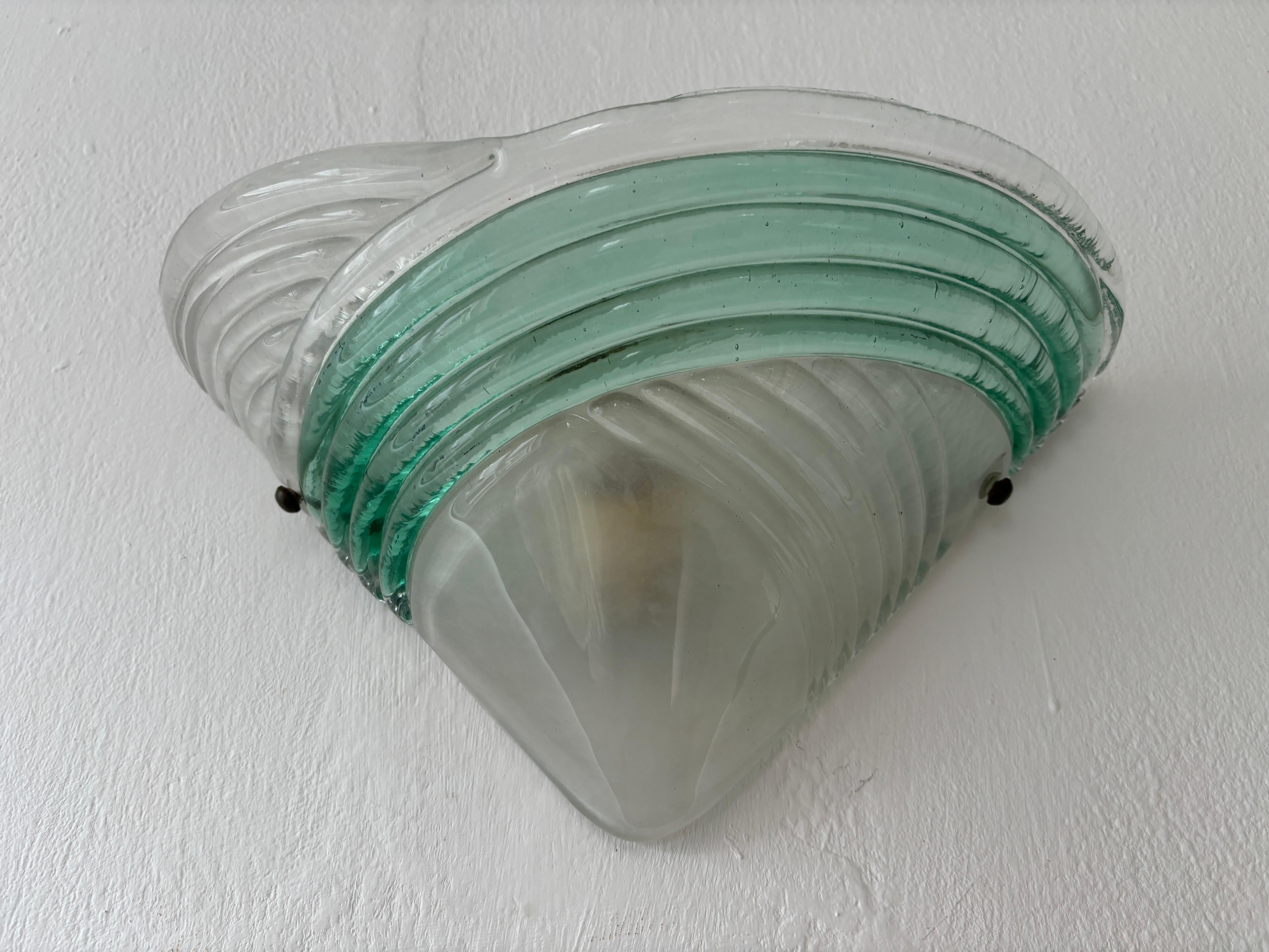 Set of 3 Mid Century Italian Murano Glass Venini Style Green and Clear Sconces For Sale 1