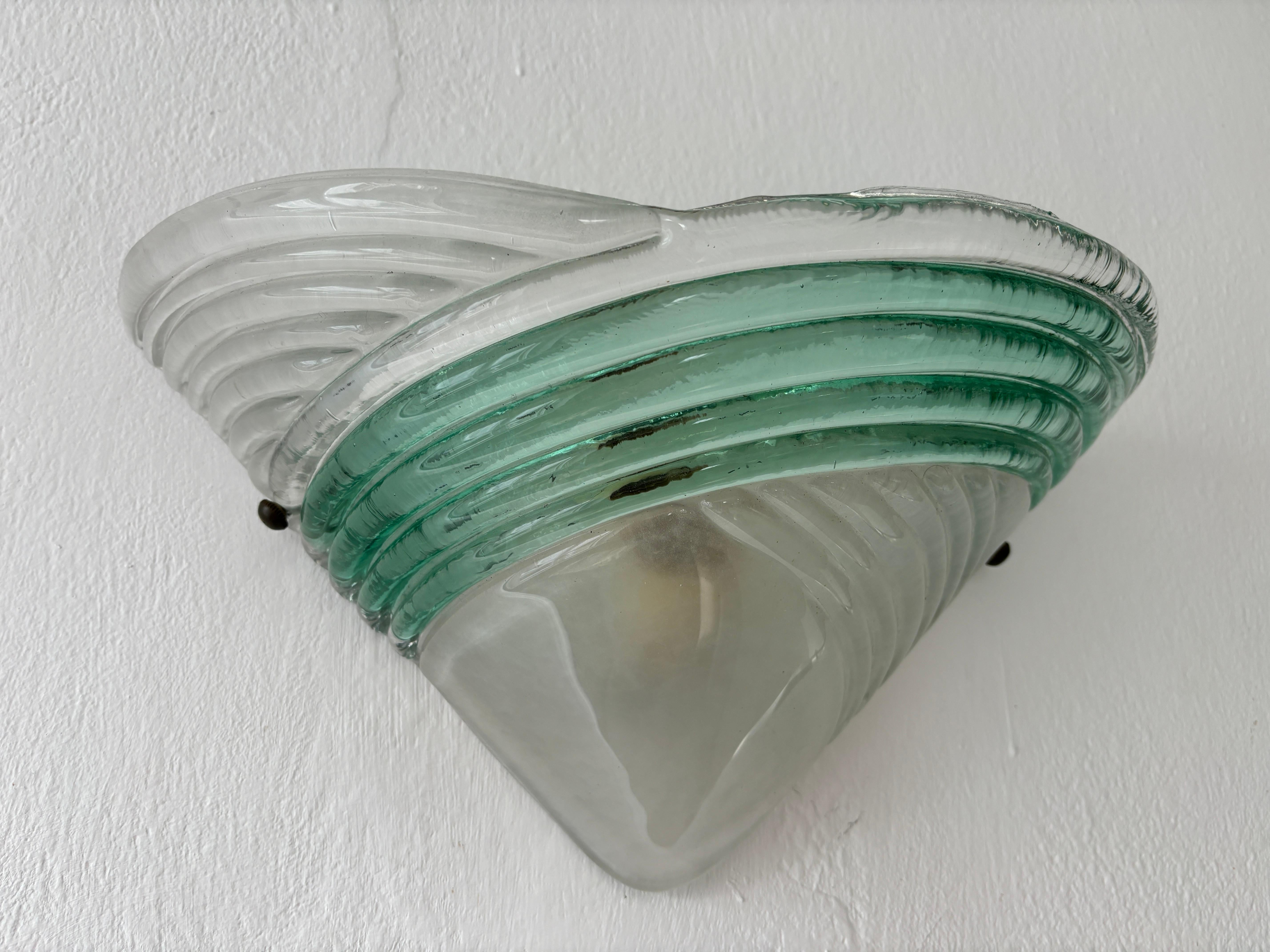 Set of 3 Mid Century Italian Murano Glass Venini Style Green and Clear Sconces For Sale 2