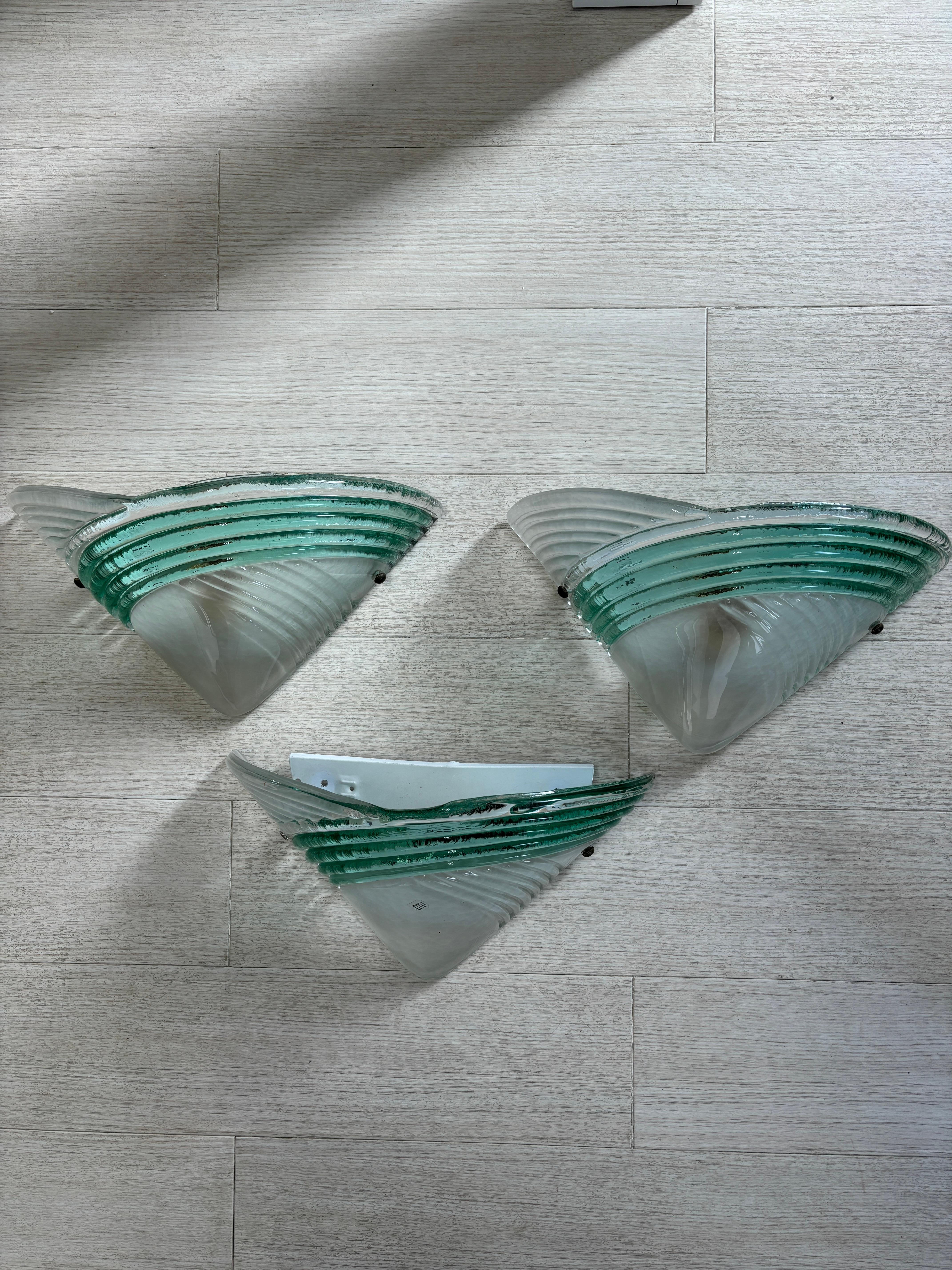 Set of 3 Mid Century Italian Murano Glass Venini Style Green and Clear Sconces For Sale 4