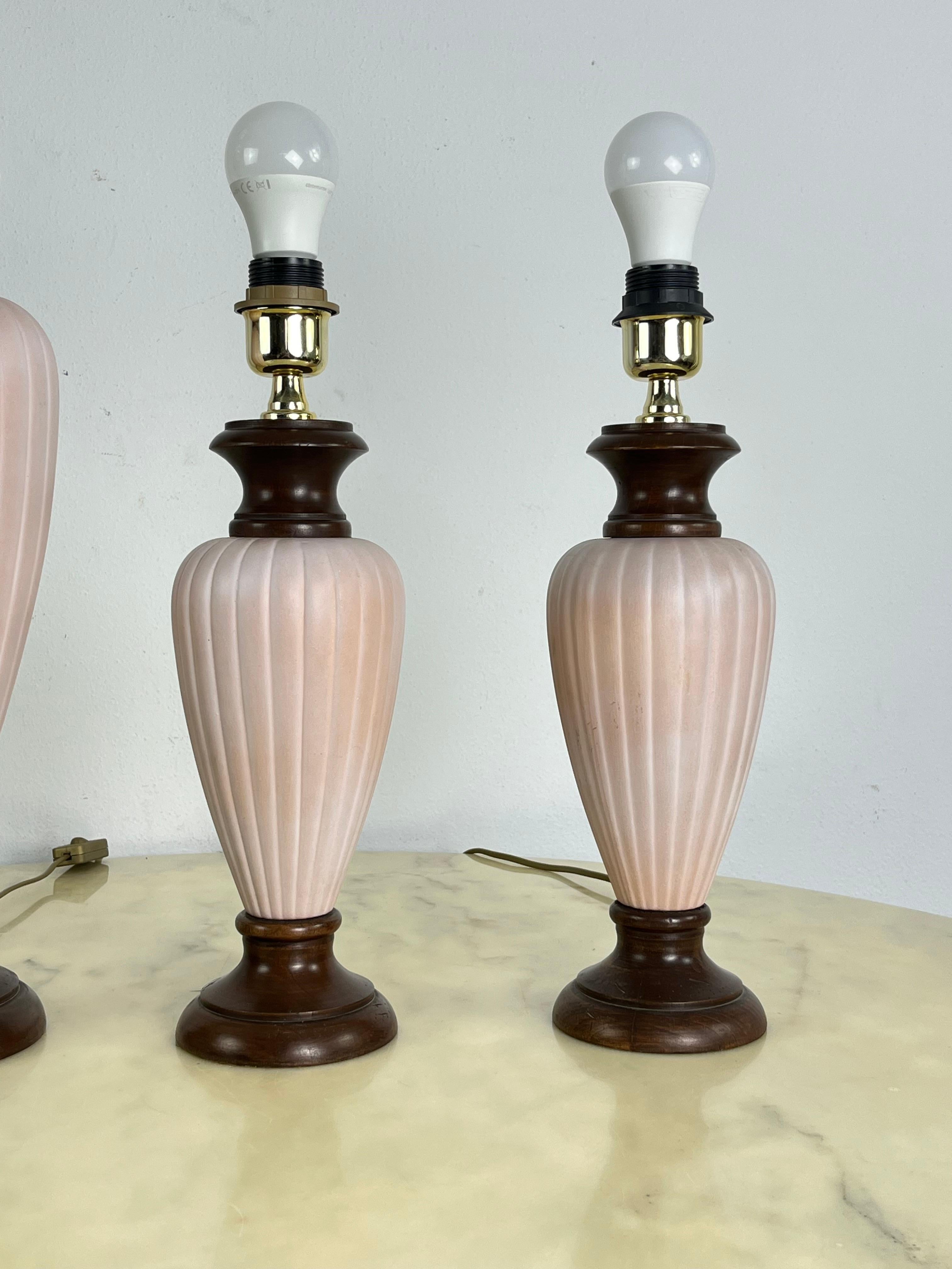 Set of 3 Mid-Century Italian Table Lamps in Wood And Ceramic 1960s For Sale 1
