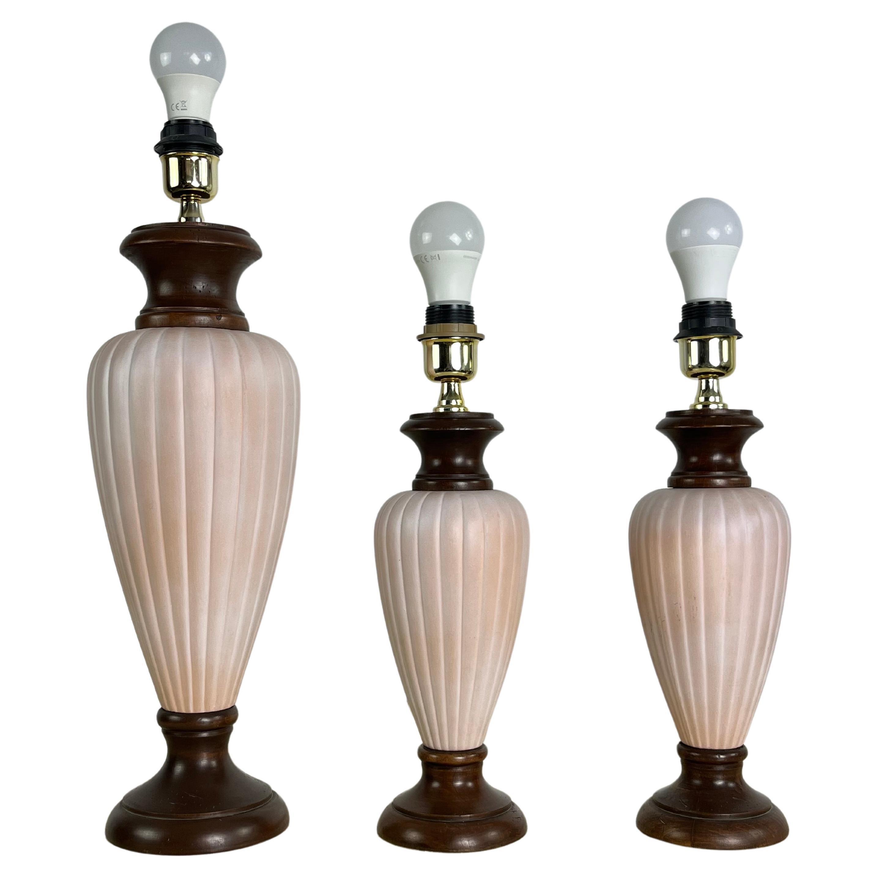 Set of 3 Mid-Century Italian Table Lamps in Wood And Ceramic 1960s For Sale