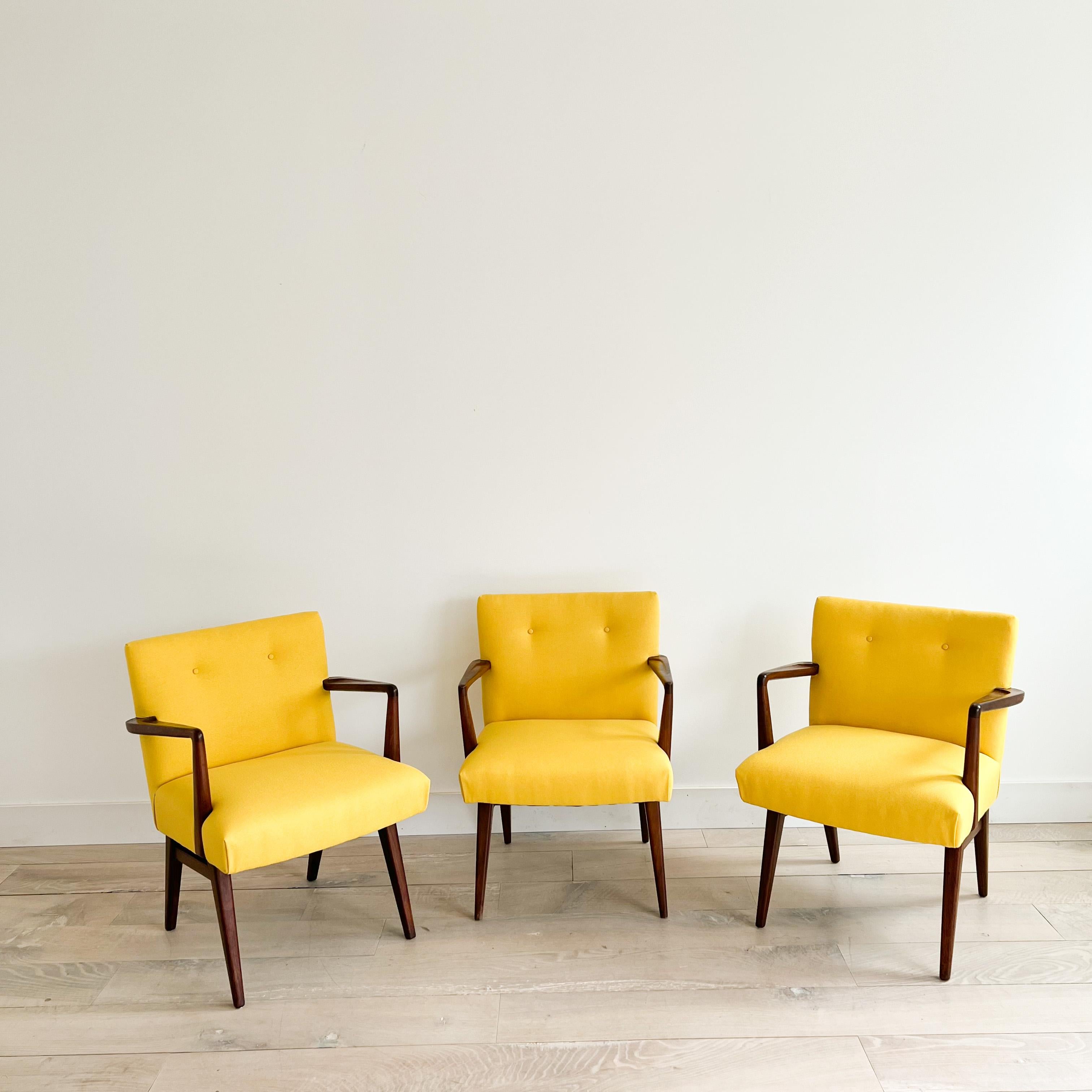 Mid-Century Modern Set of 3 Mid-Century Jens Risom Armchairs with New Bright Yellow Upholstery