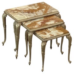 Set of 3 Mid-Century Louis XIV Brass & Onyx Nesting Tables