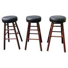 Set of 3 Mid-Century Maple and Leather Seat Bar Stools