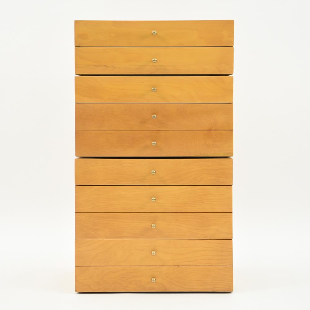 These exceptional stacking chests were designed by Arthur Umanoff for the Elton Company in the 1950s. Single- and double-drawer units rest side by side or stack on top of each other to form a 3-foot high cabinet; perfect jewelry/silverware storage