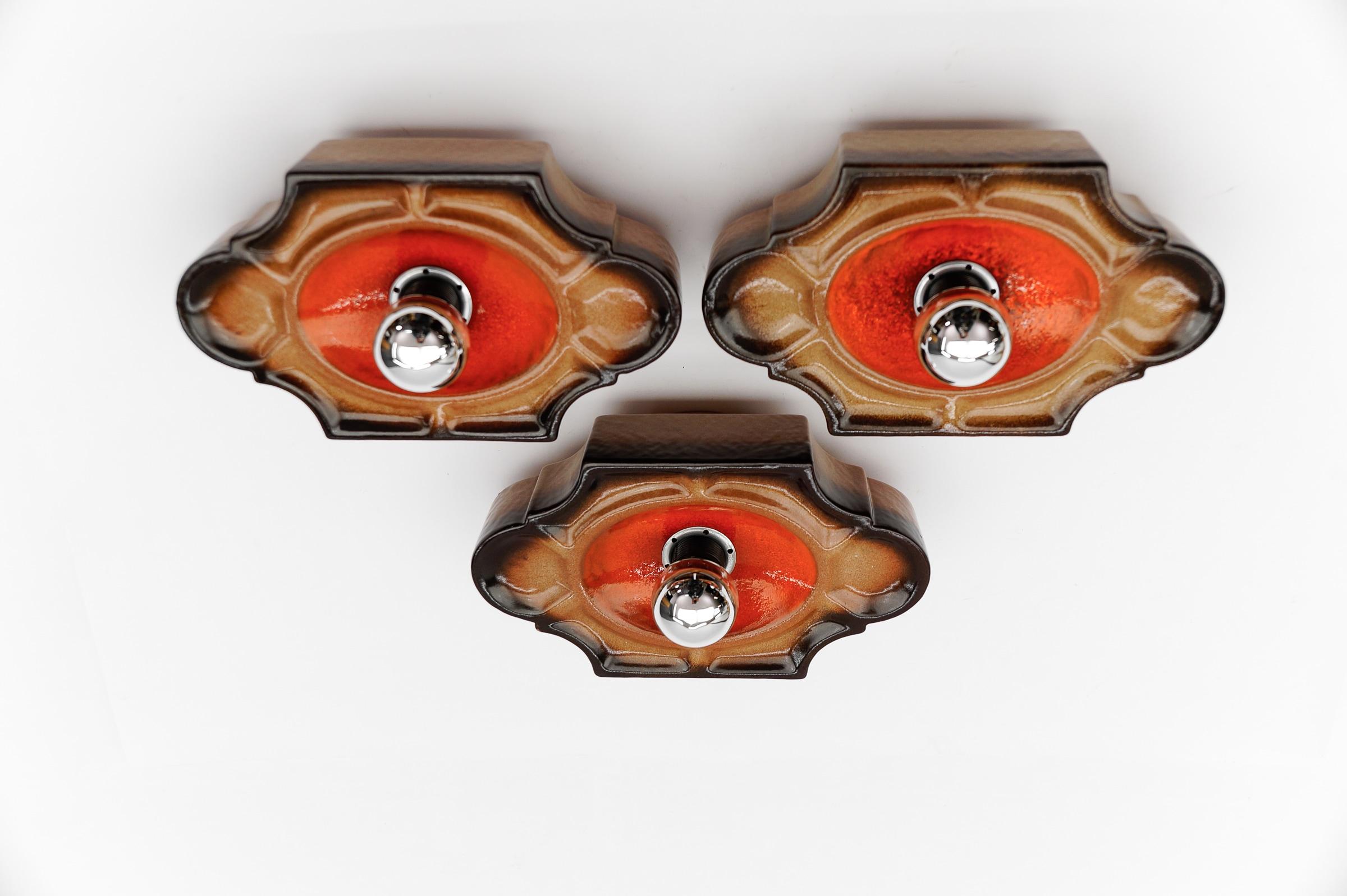 Set of 3 Mid-Century Moder Ceramic Wall Lights or Flush Mounts, 1960s In Good Condition For Sale In Nürnberg, Bayern