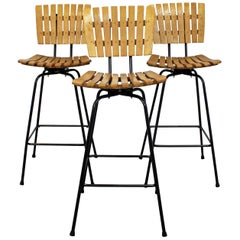 Set of 3 Mid-Century Modern Arthur Umanoff Style Swivel Slat Bar Stools