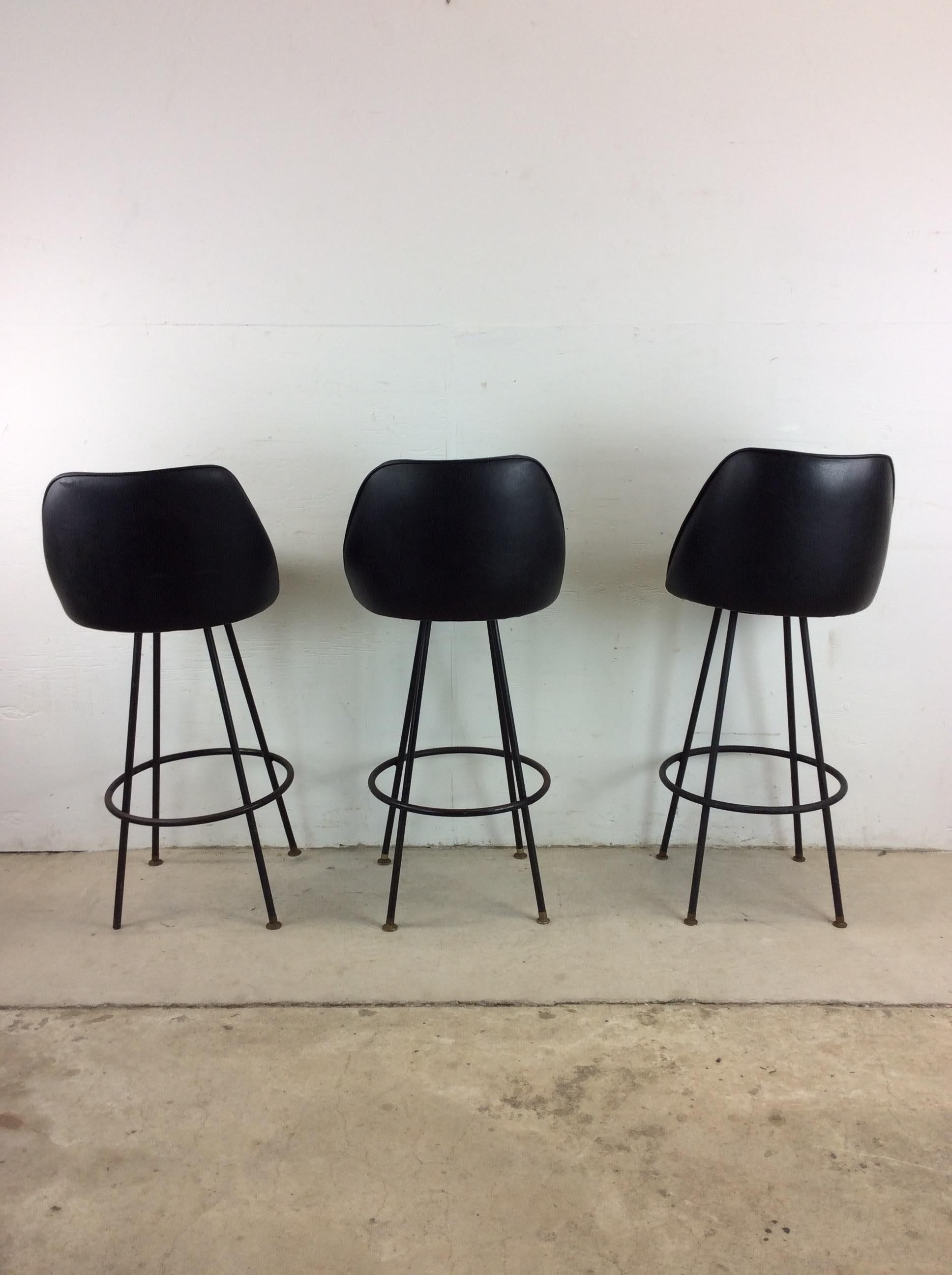 Set of 3 Mid Century Modern Black Vinyl Bar Stools with Swivel Seat 3