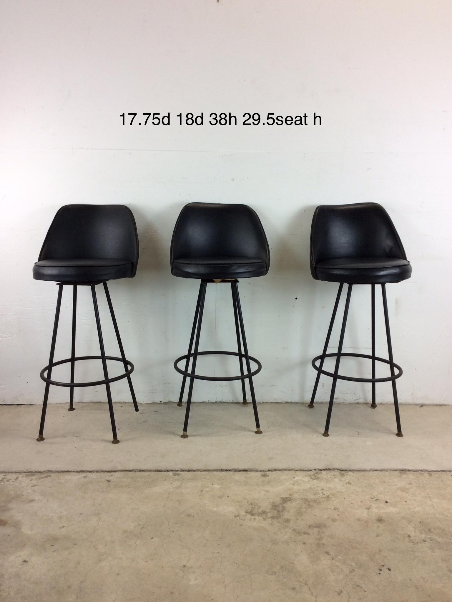 Mid-Century Modern Set of 3 Mid Century Modern Black Vinyl Bar Stools with Swivel Seat