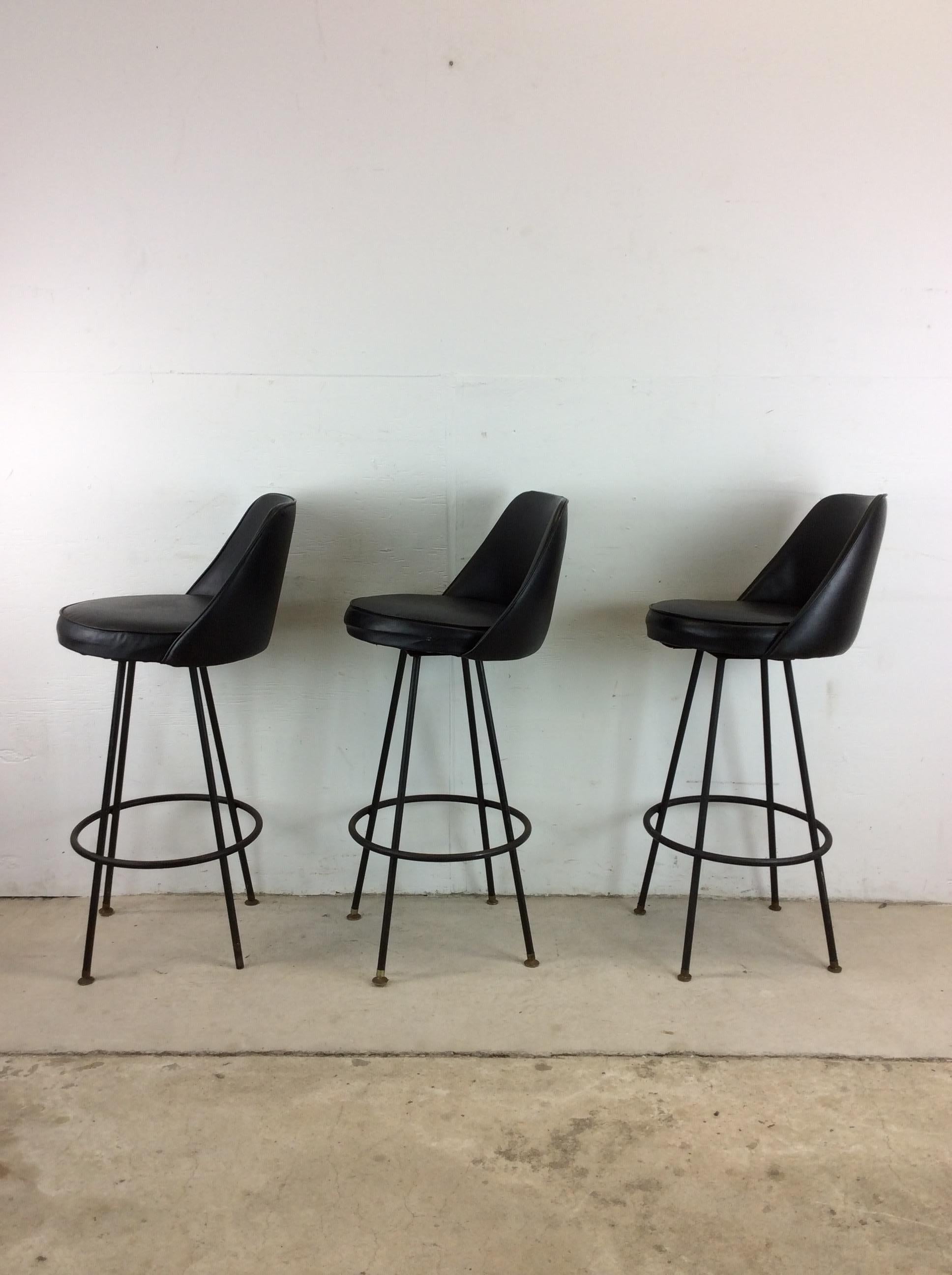 American Set of 3 Mid Century Modern Black Vinyl Bar Stools with Swivel Seat