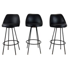Set of 3 Mid Century Modern Black Vinyl Bar Stools with Swivel Seat