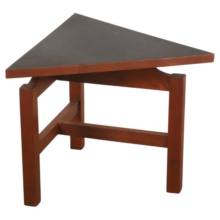 Set of 3 Mid century modern walnut black and white laminate top triangle end tables by Jens Risom. Solid walnut with black & white Formica tops. Beautiful woodworking and design. (1) Set of 3 table combined can make a coffee table. Very fun cool