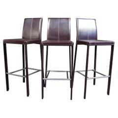 Set of 3 Mid-Century Modern Brown Leather Bar Stools