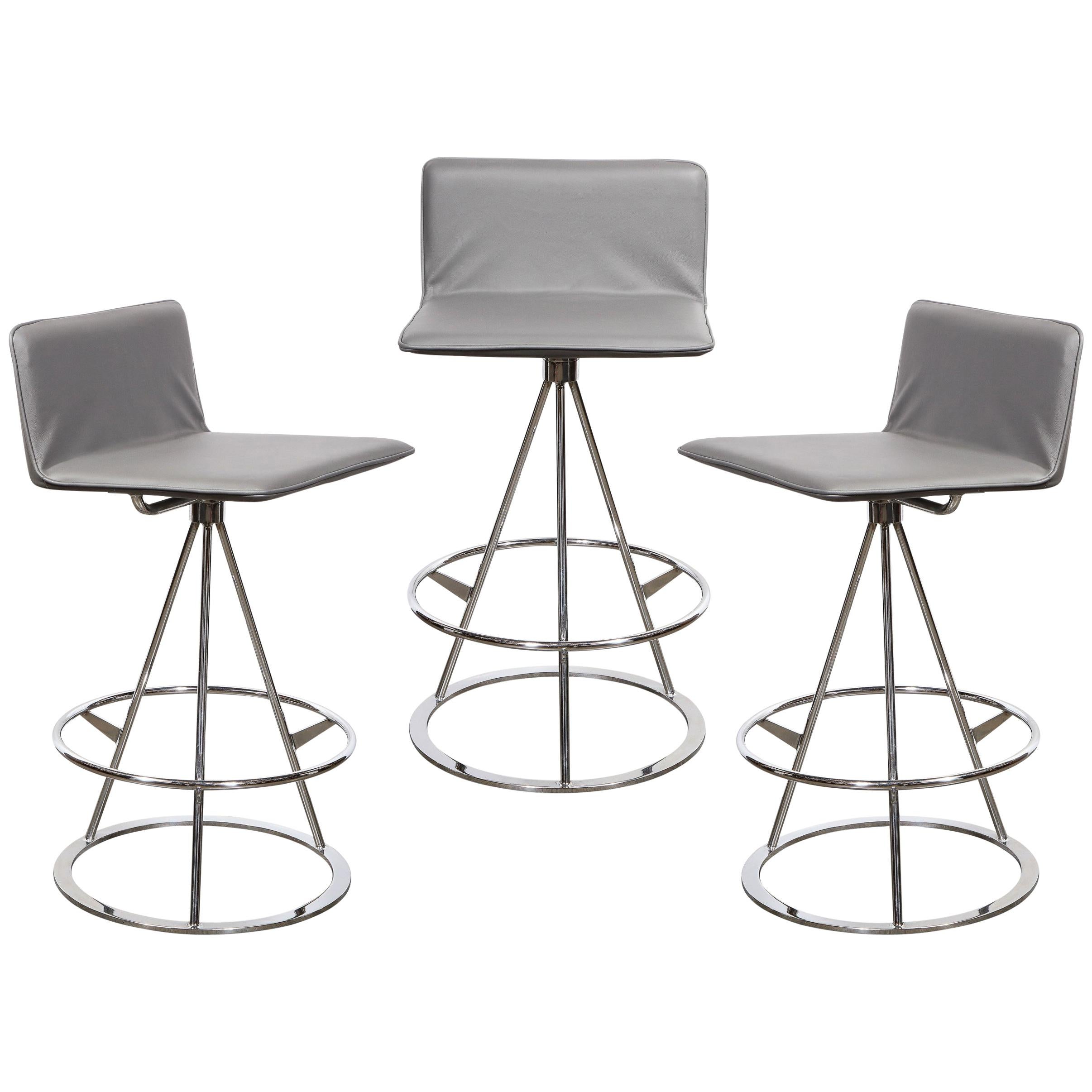 Set of 3 Mid-Century Modern Chrome and Gray Leather Geometric Swivel Bar Stools