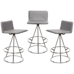 Set of 3 Mid-Century Modern Chrome and Gray Leather Geometric Swivel Bar Stools