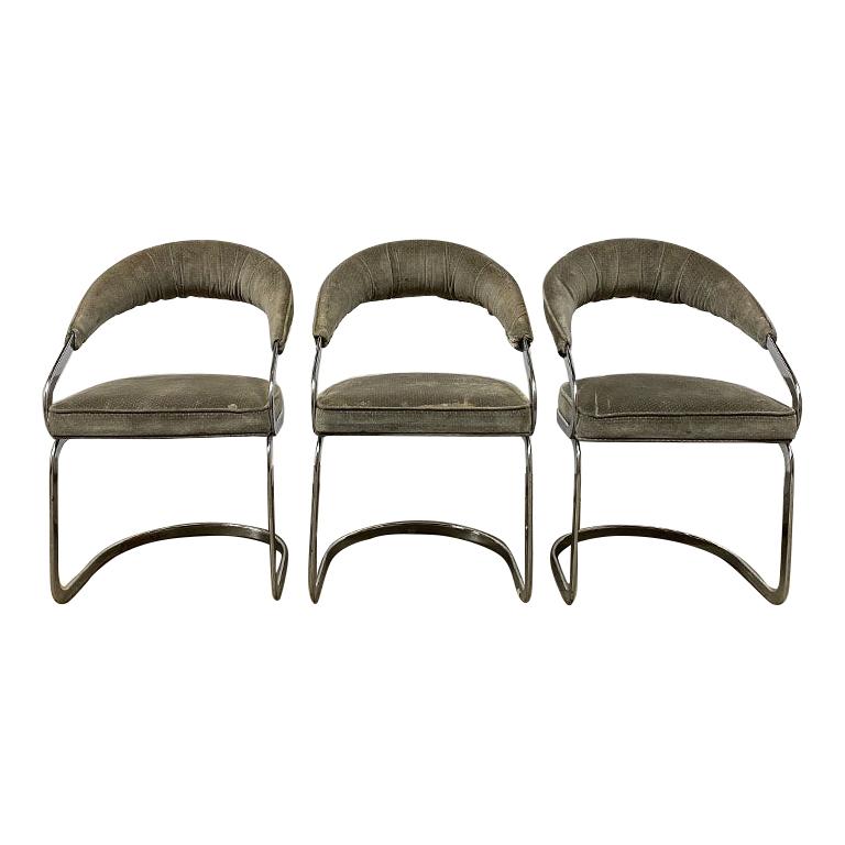 Set of 3 Mid-Century Modern Chrome Cantilever Upholstered Chairs