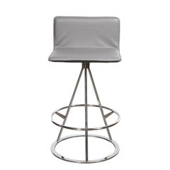 Set of 3 Mid-Century Modern Chrome and Gray Leather Geometric Swivel Bar Stools