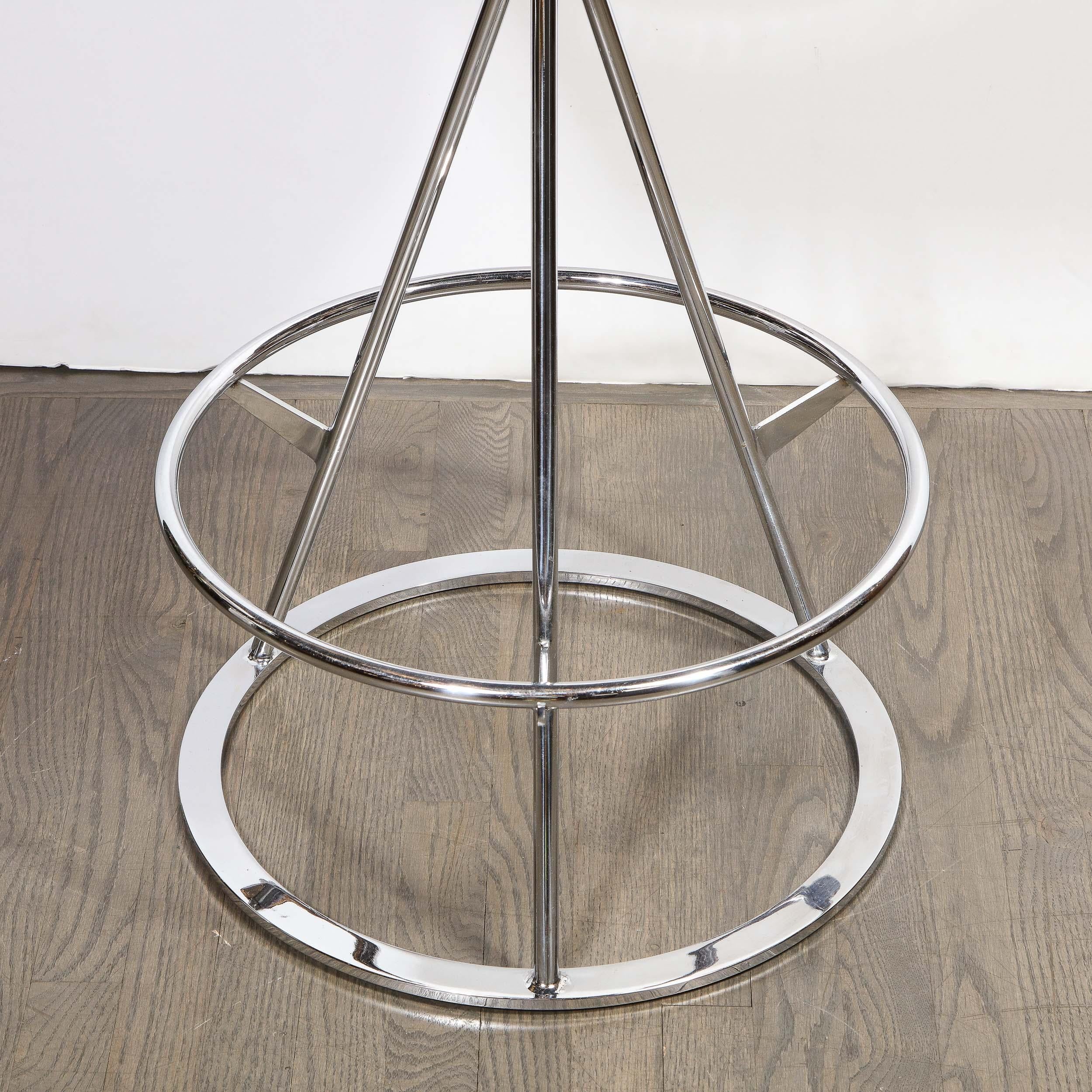 Set of 3 Mid-Century Modern Chrome and Gray Leather Geometric Swivel Bar Stools In Excellent Condition In New York, NY