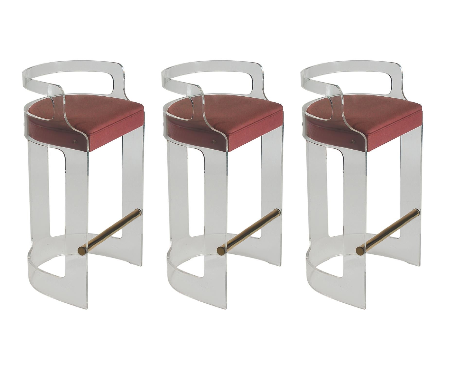 Set of 3 Mid Century Modern Counter Stools or Bar Stools in Lucite & Brass 4