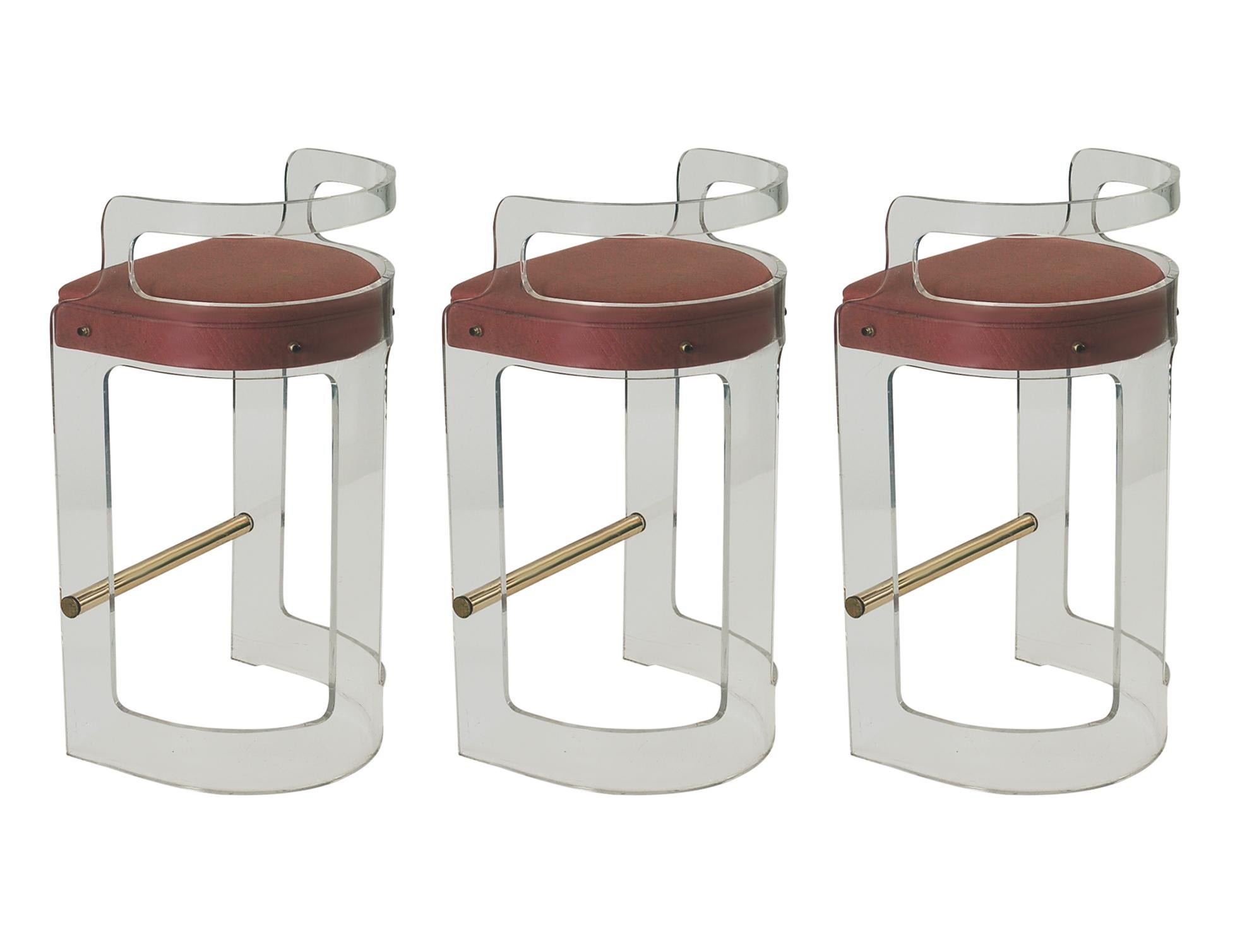 Set of 3 Mid Century Modern Counter Stools or Bar Stools in Lucite & Brass 6