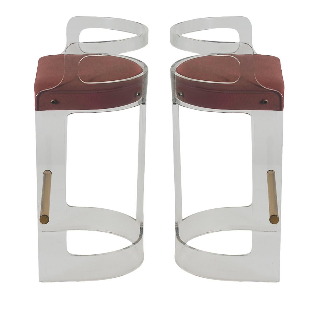 American Set of 3 Mid Century Modern Counter Stools or Bar Stools in Lucite & Brass