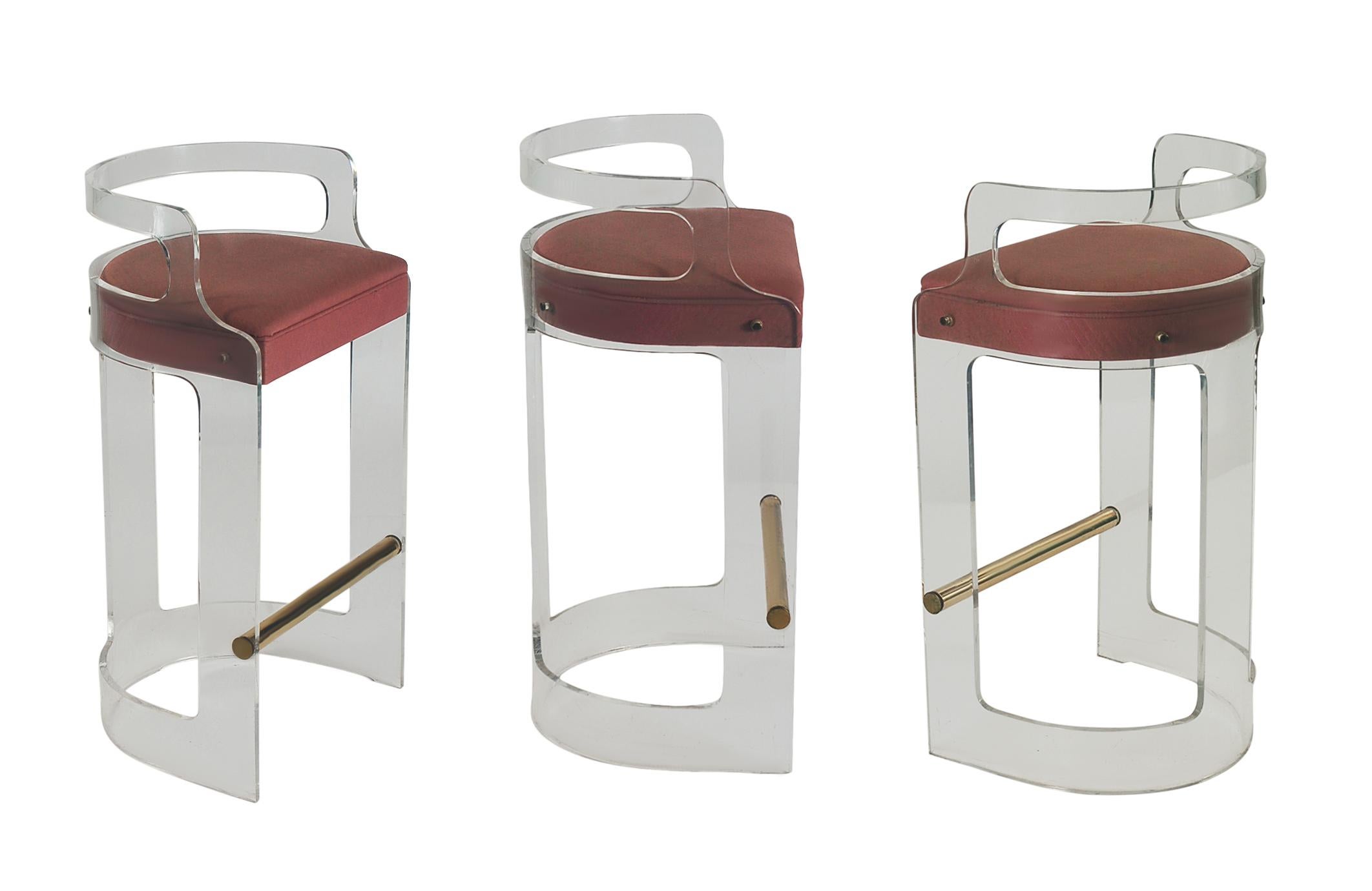 Set of 3 Mid Century Modern Counter Stools or Bar Stools in Lucite & Brass 1