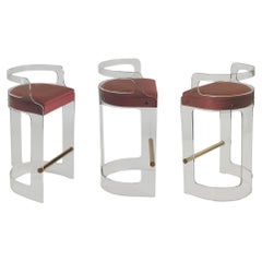 Set of 3 Mid Century Modern Counter Stools or Bar Stools in Lucite & Brass