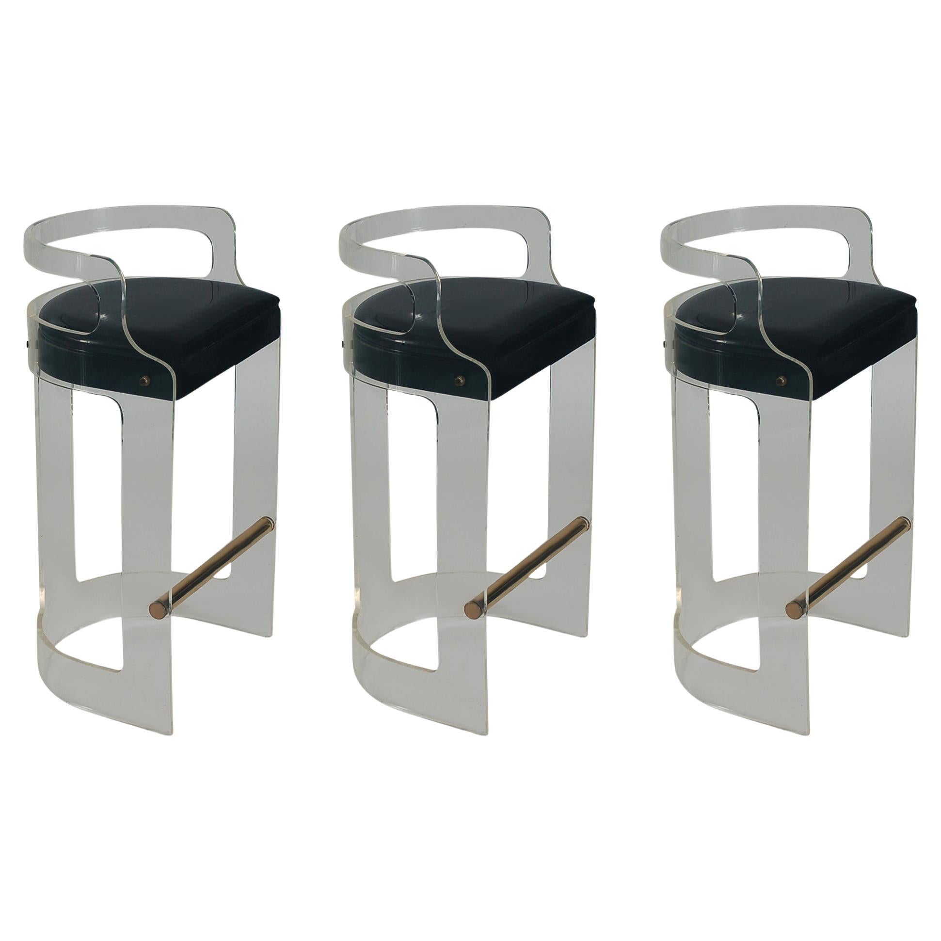Set of 3 Mid-Century Modern Counter Stools or Bar Stools in Lucite & Brass