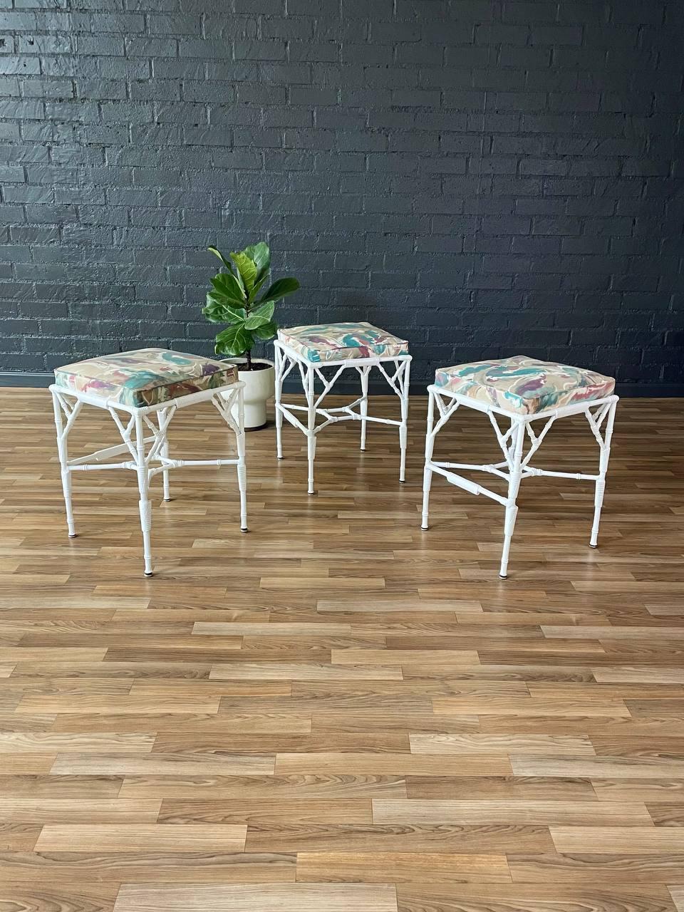 Set of 3 Mid-Century Modern Faux Bamboo Outdoor Stools In Good Condition For Sale In Los Angeles, CA