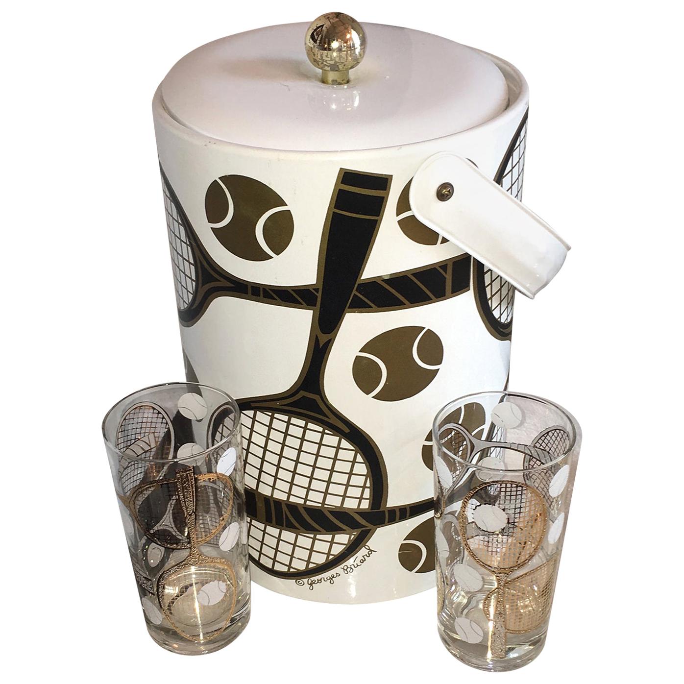 S/3 Georges Briard White, Gold, Black & Copper Tennis Ice Bucket, Lid & Glasses