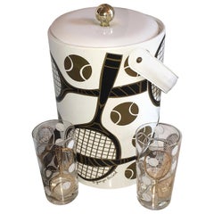 Vintage S/3 Georges Briard White, Gold, Black & Copper Tennis Ice Bucket, Lid & Glasses