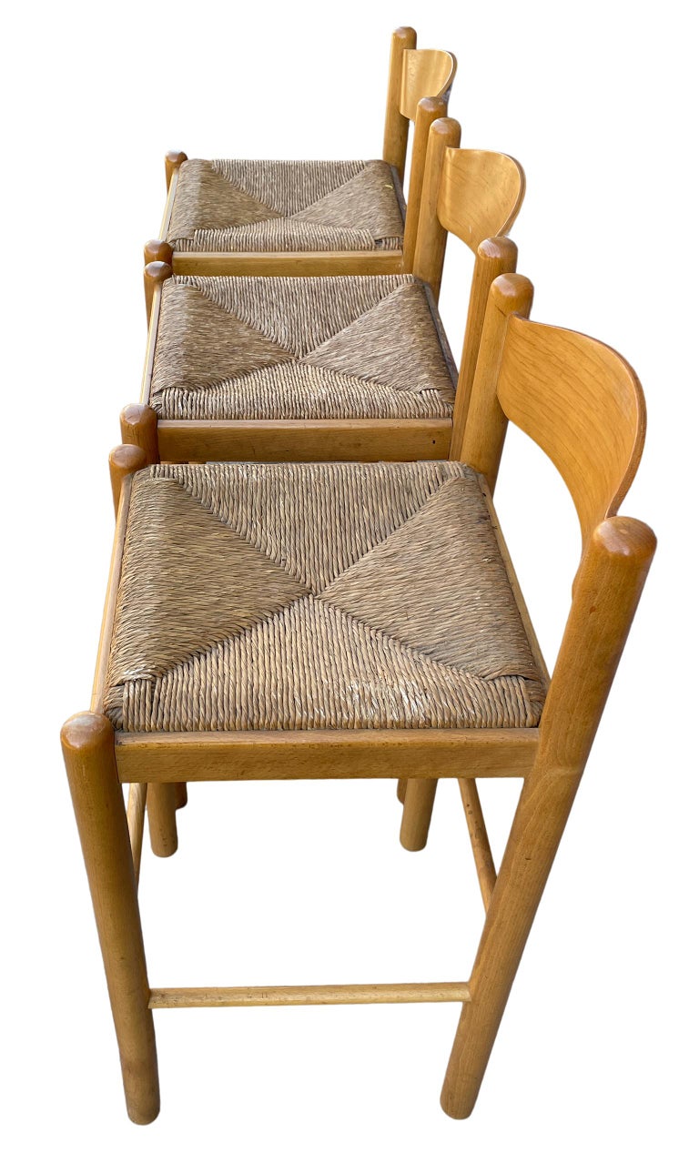 Set of 3 Mid Century Modern Maple and Rush Bar Stools at 1stDibs