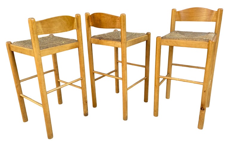 Set of 3 Mid Century Modern Maple and Rush Bar Stools at 1stDibs